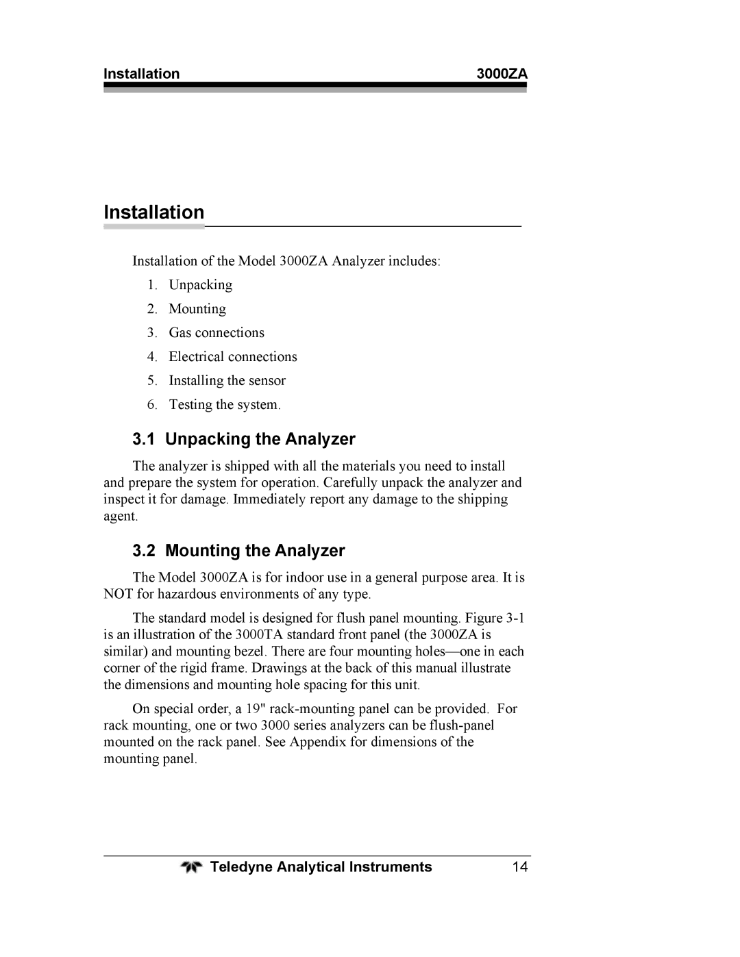 Teledyne 3000ZA operating instructions Installation, Unpacking the Analyzer, Mounting the Analyzer 