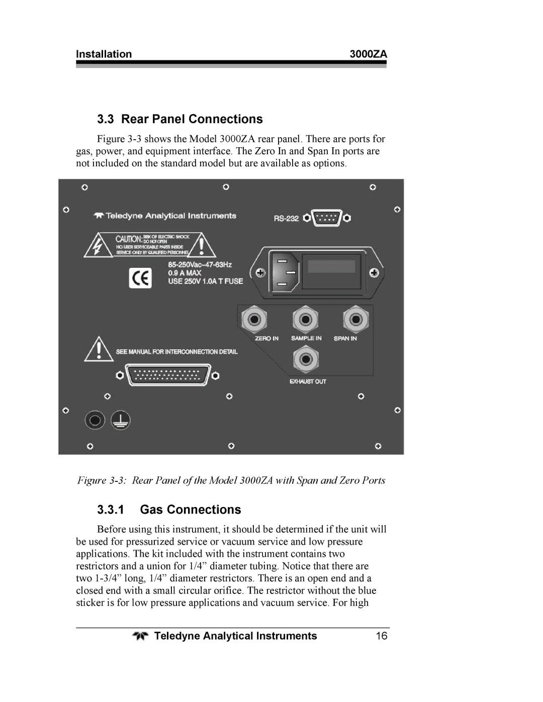 Teledyne 3000ZA operating instructions Rear Panel Connections, Gas Connections 