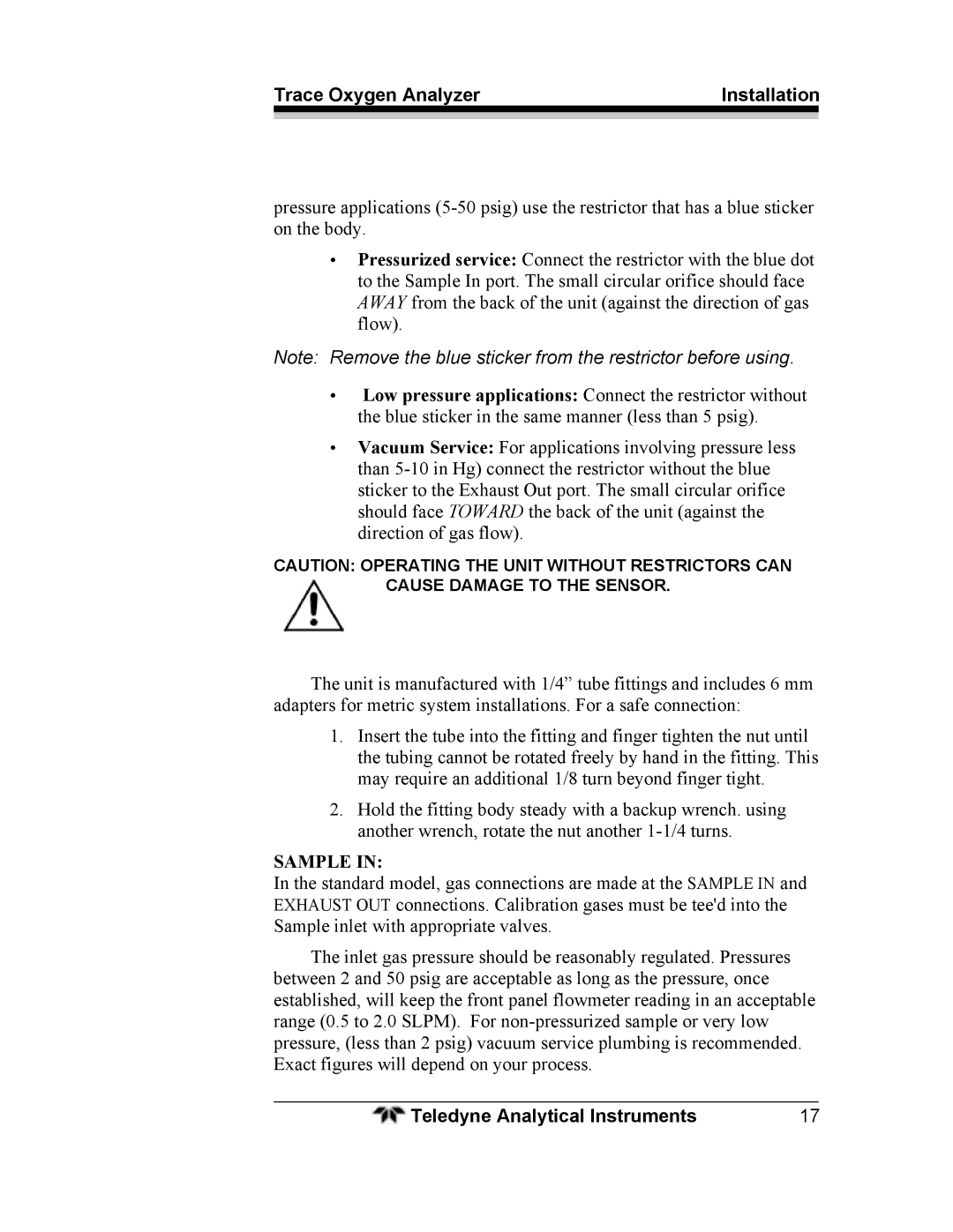 Teledyne 3000ZA operating instructions Sample 