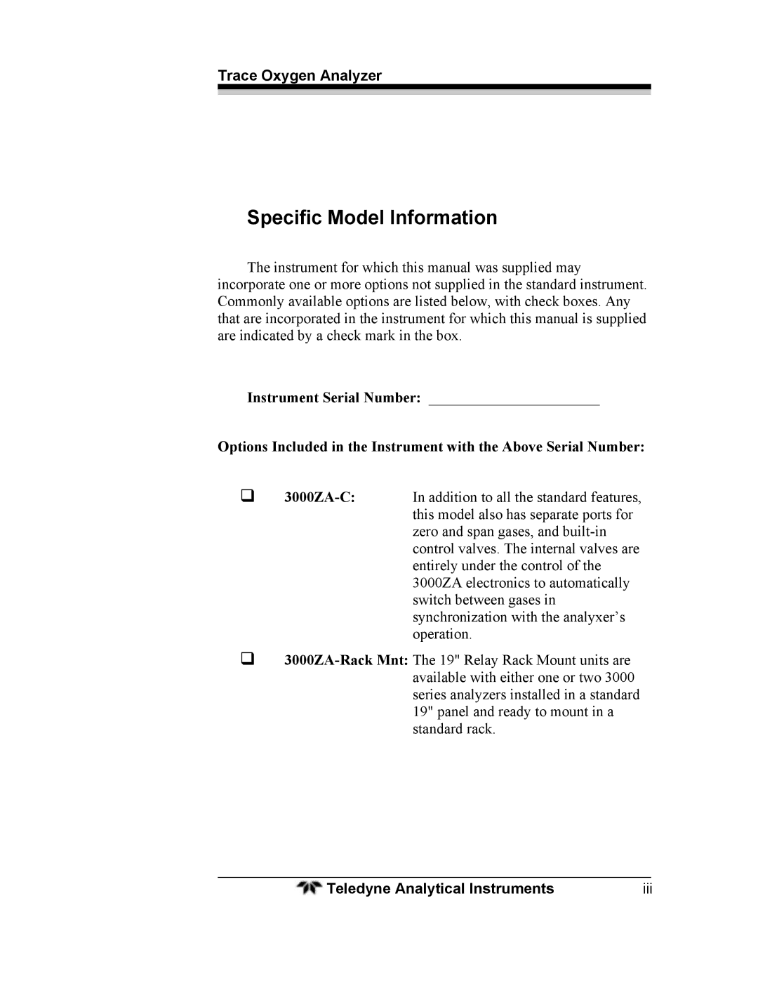 Teledyne 3000ZA operating instructions Specific Model Information 