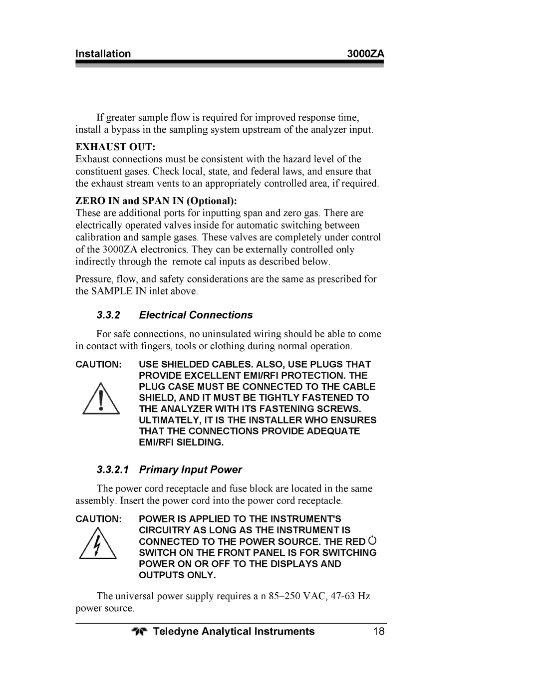 Teledyne 3000ZA operating instructions Electrical Connections, Primary Input Power 