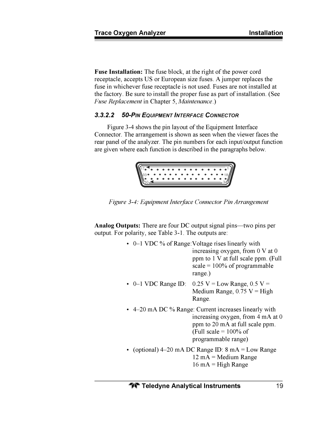 Teledyne 3000ZA operating instructions Equipment Interface Connector Pin Arrangement 