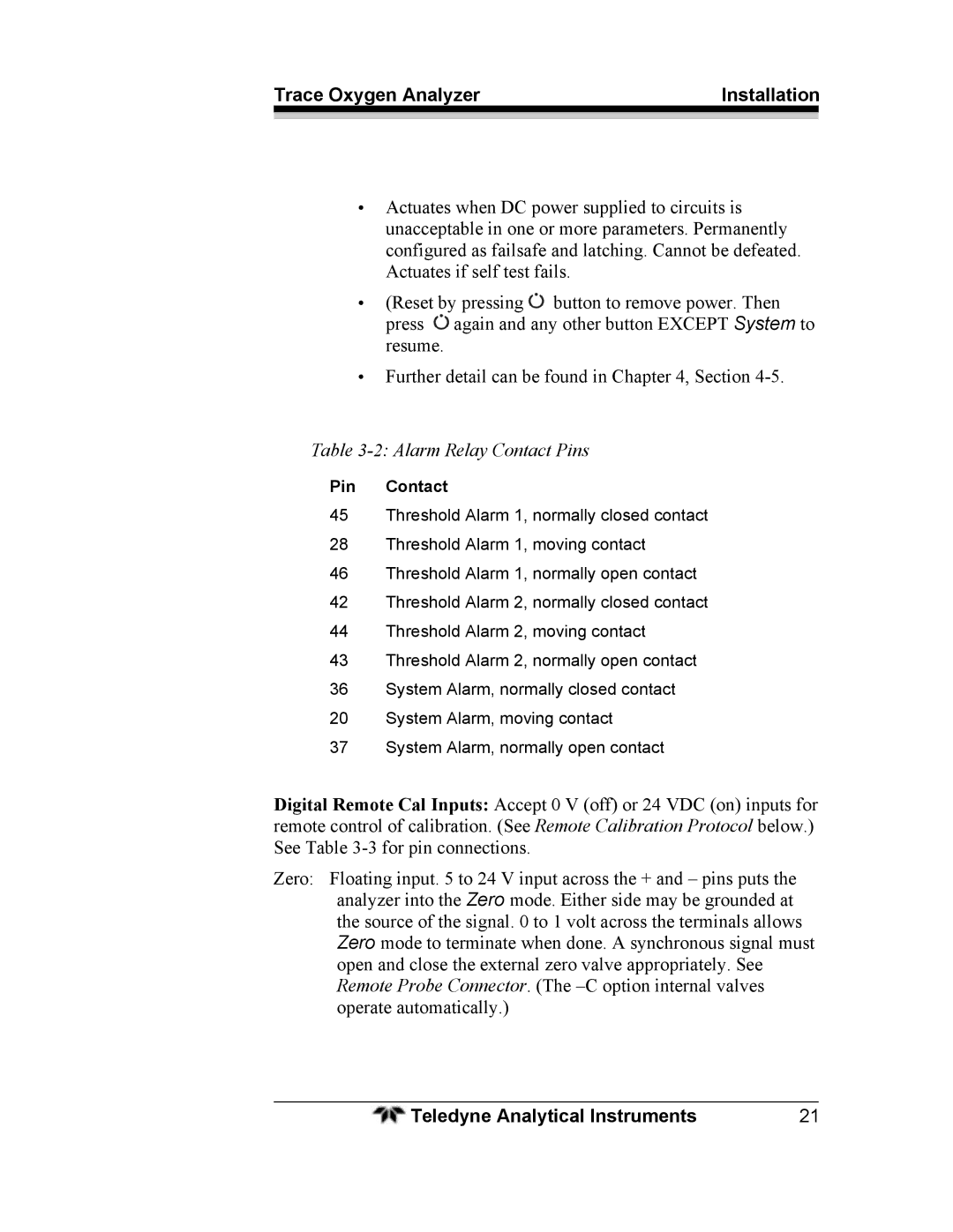 Teledyne 3000ZA operating instructions Alarm Relay Contact Pins 