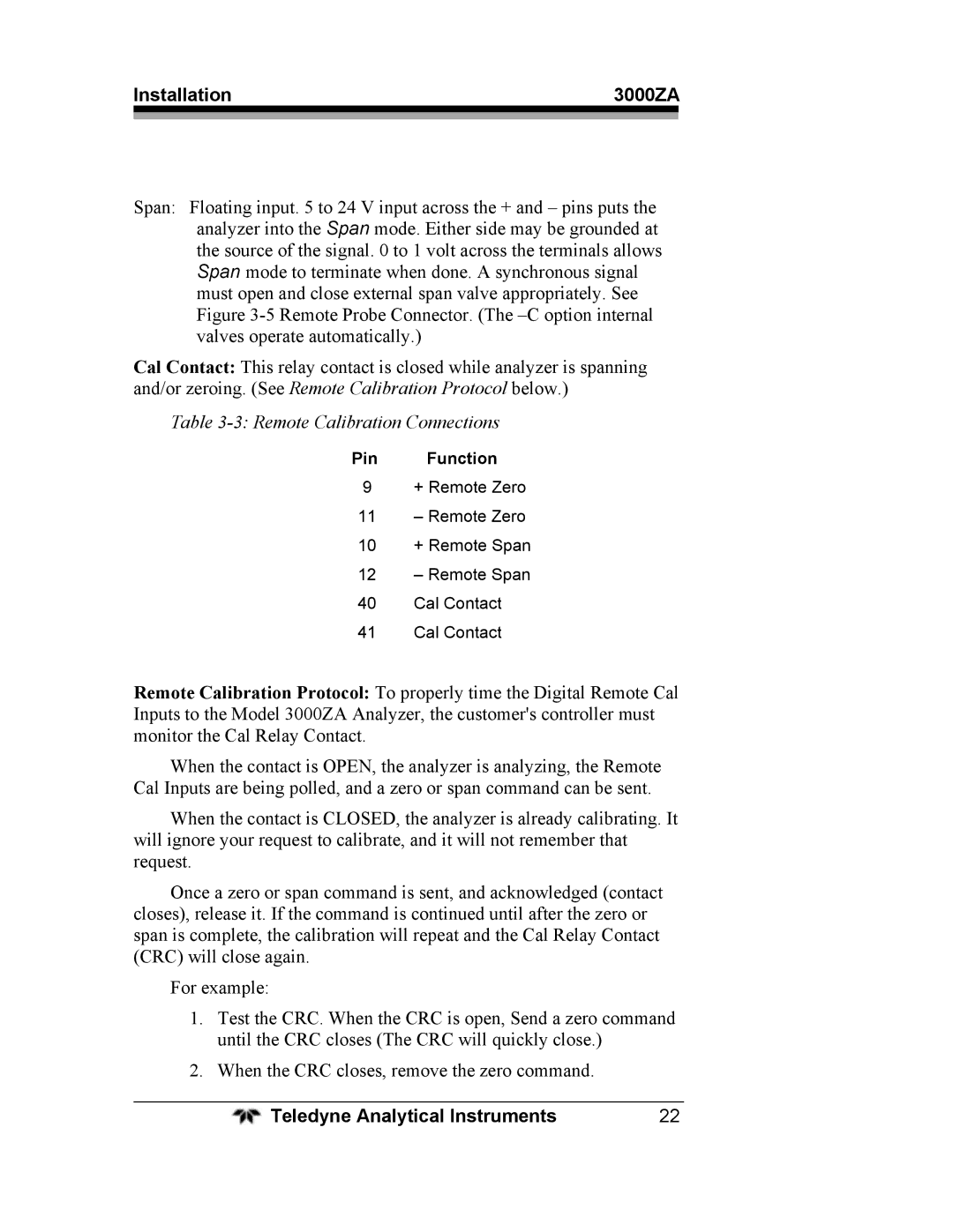 Teledyne 3000ZA operating instructions Remote Calibration Connections 