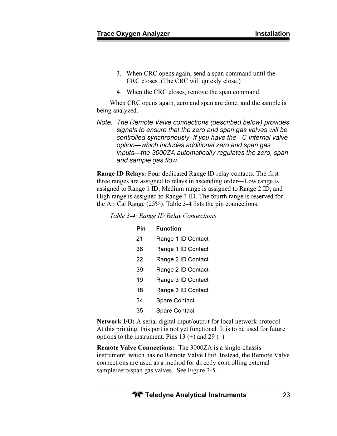 Teledyne 3000ZA operating instructions Range ID Relay Connections 