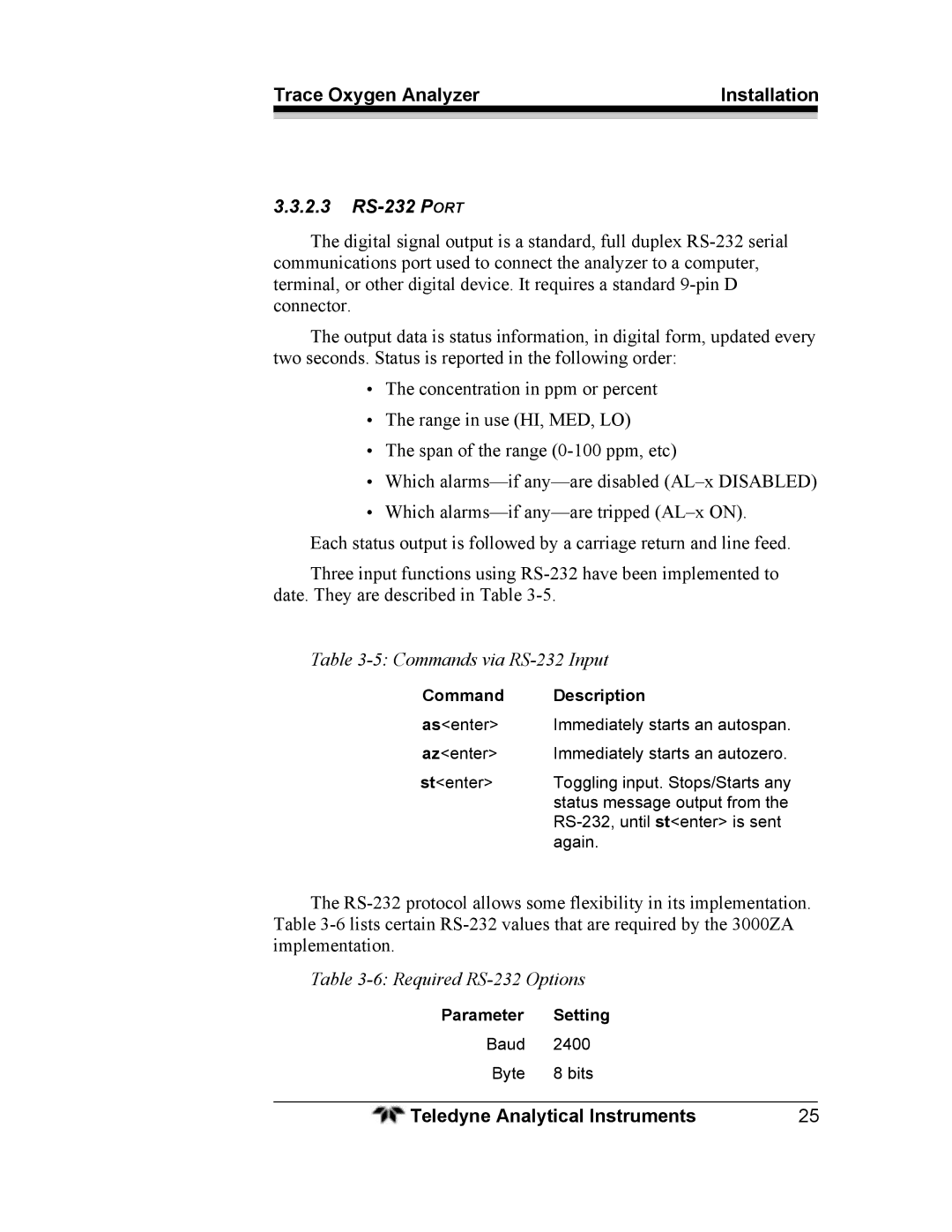 Teledyne 3000ZA operating instructions 2.3 RS-232 Port, Commands via RS-232 Input 