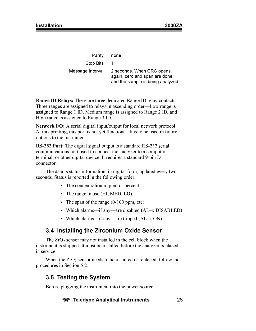 Teledyne 3000ZA operating instructions Installing the Zirconium Oxide Sensor, Testing the System 