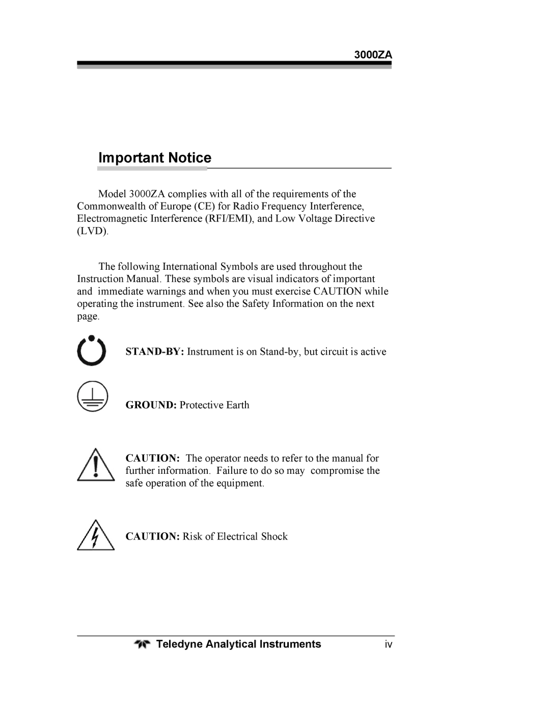 Teledyne 3000ZA operating instructions Important Notice 