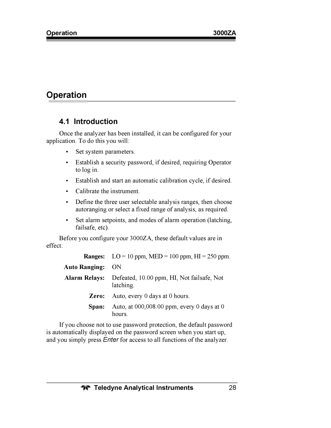 Teledyne 3000ZA operating instructions Operation, Introduction 