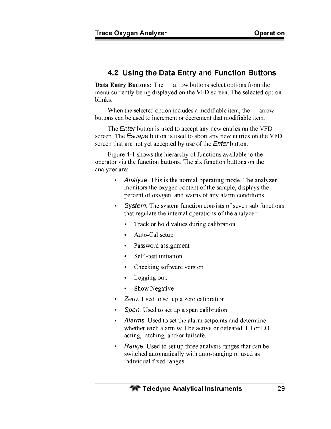 Teledyne 3000ZA operating instructions Using the Data Entry and Function Buttons 