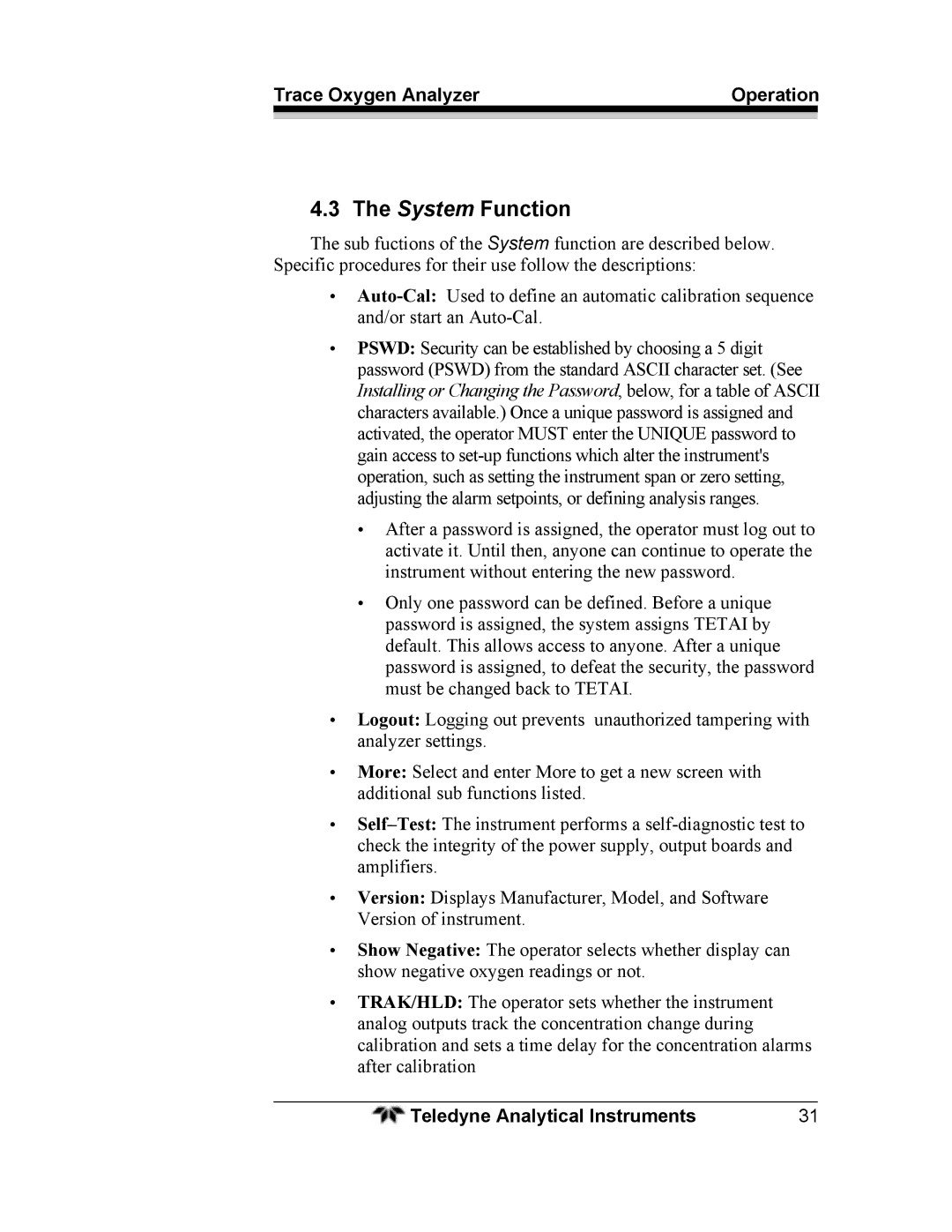 Teledyne 3000ZA operating instructions System Function 