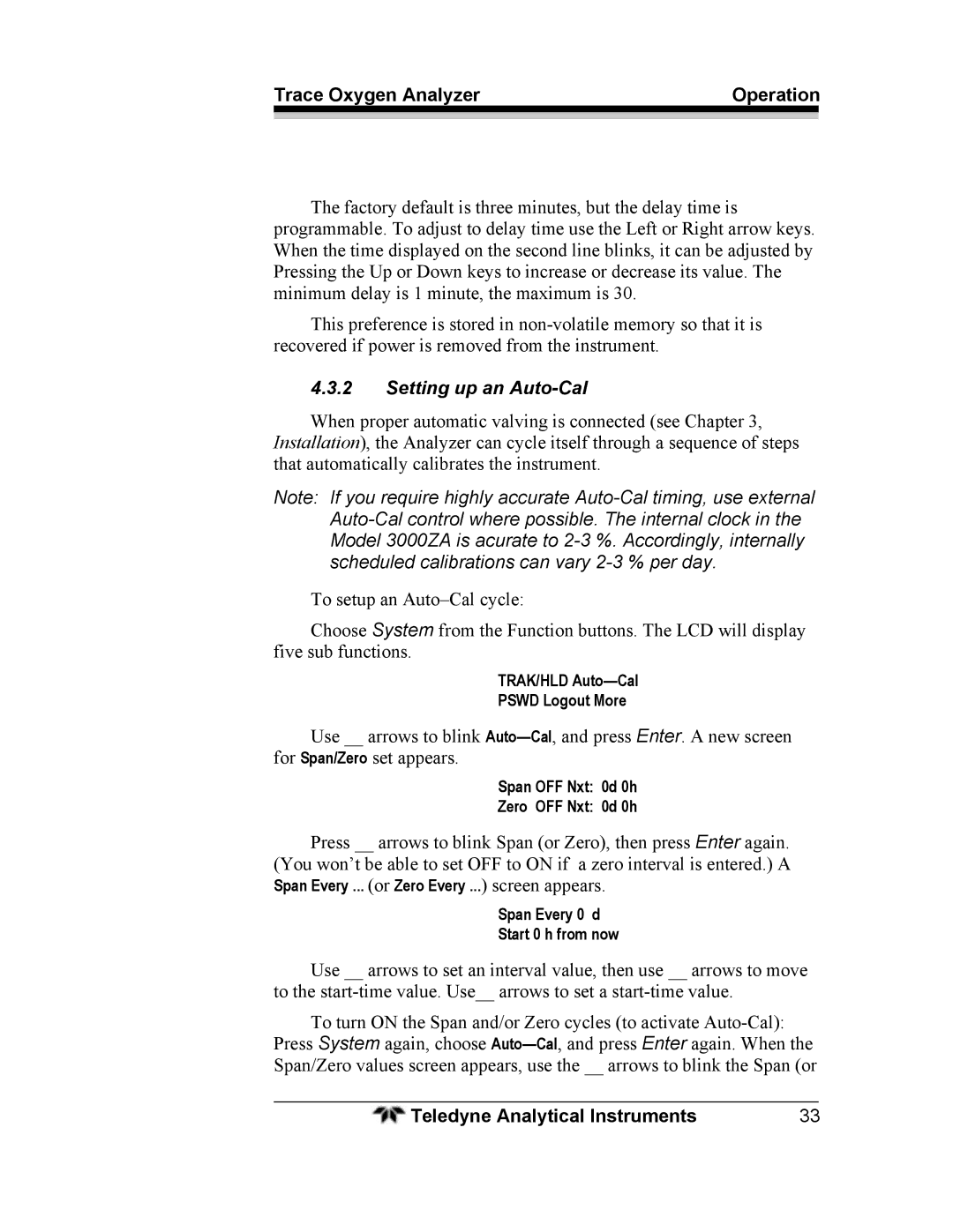 Teledyne 3000ZA operating instructions Setting up an Auto-Cal 