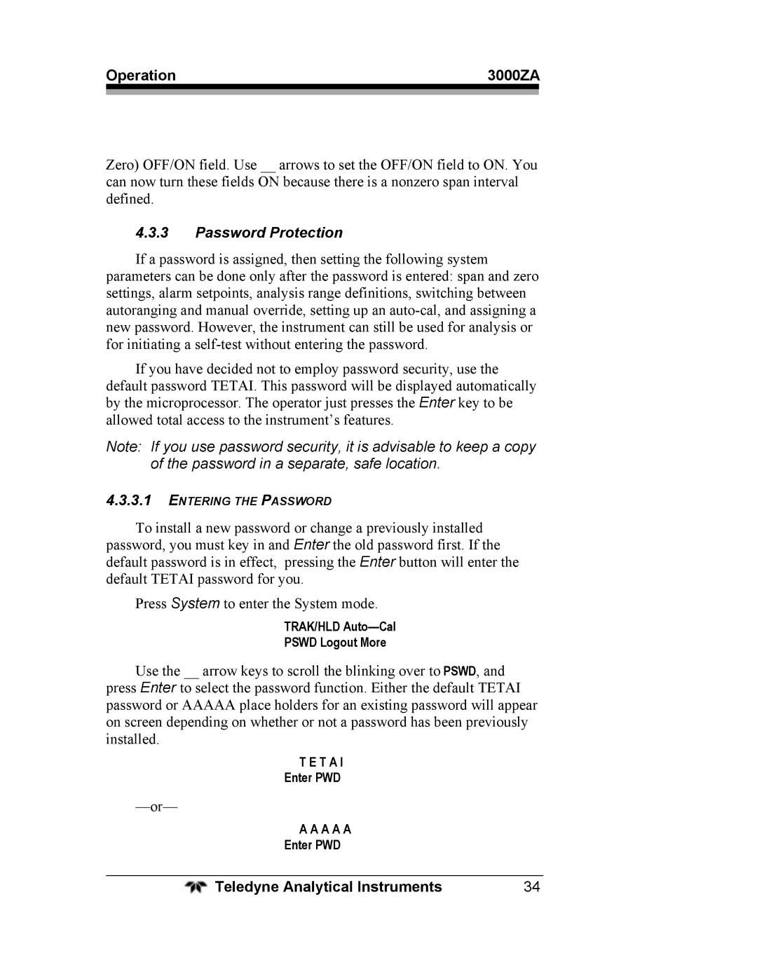 Teledyne 3000ZA operating instructions Password Protection 