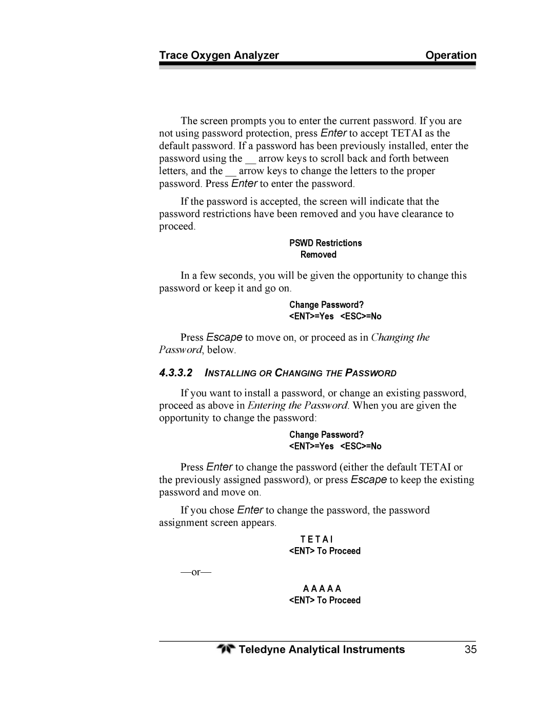 Teledyne 3000ZA operating instructions Pswd Restrictions Removed 