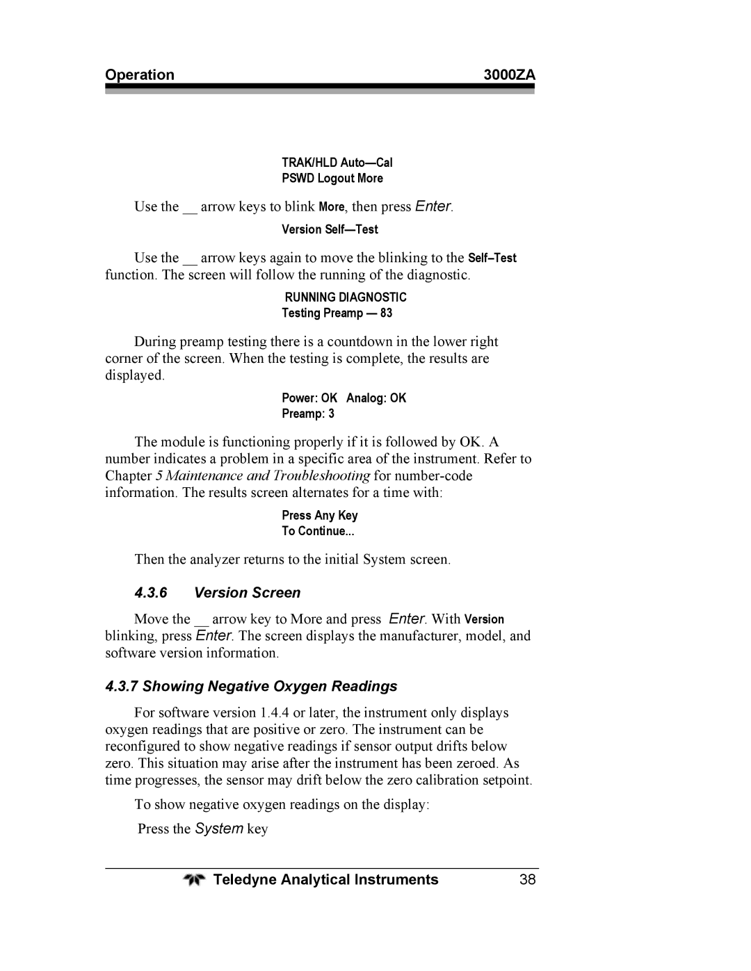 Teledyne 3000ZA operating instructions Version Screen, Showing Negative Oxygen Readings 