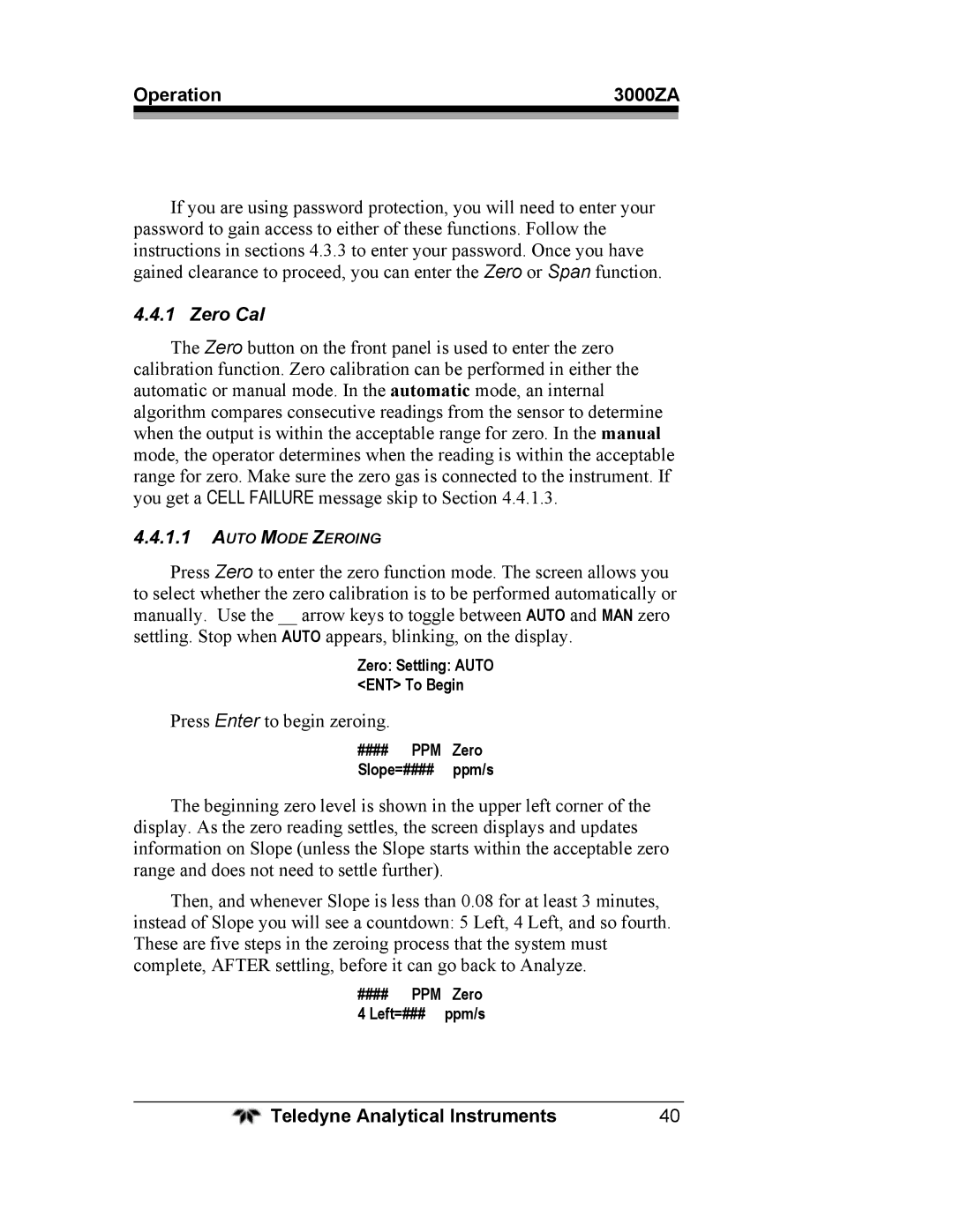 Teledyne 3000ZA operating instructions Zero Cal 