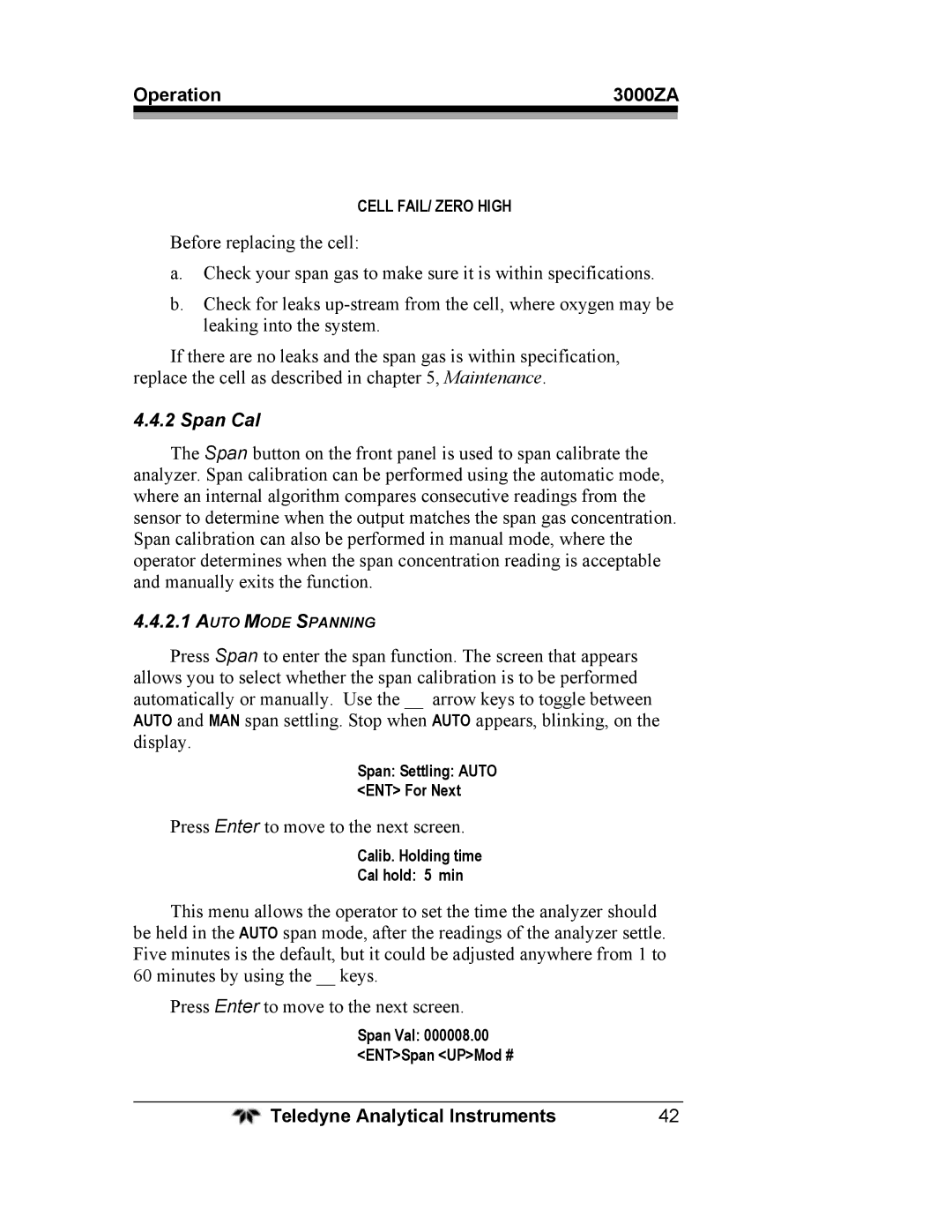 Teledyne 3000ZA operating instructions Span Cal 