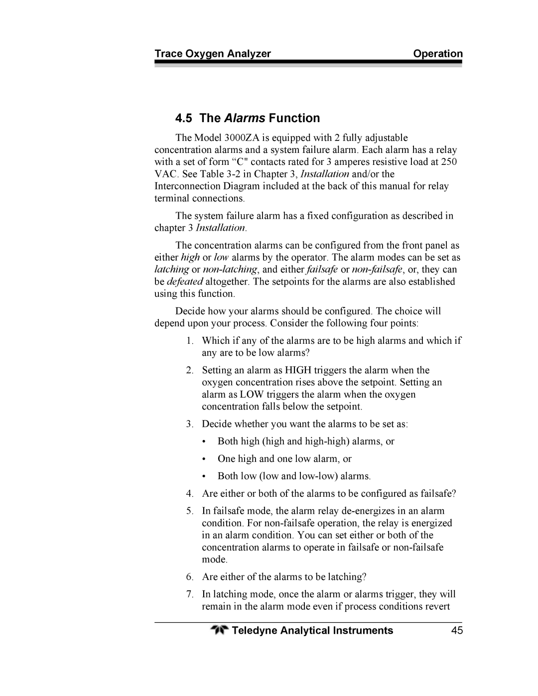 Teledyne 3000ZA operating instructions Alarms Function 