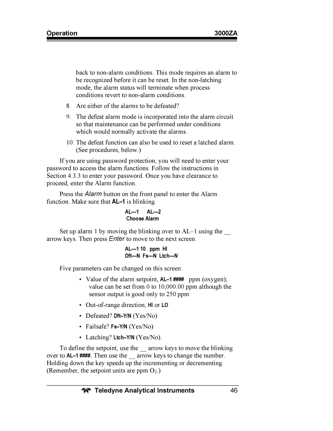 Teledyne 3000ZA operating instructions AL-1 AL-2 Choose Alarm 