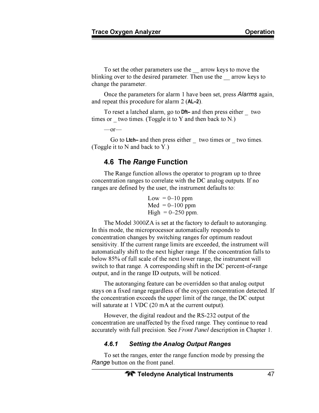 Teledyne 3000ZA operating instructions Range Function, Setting the Analog Output Ranges 