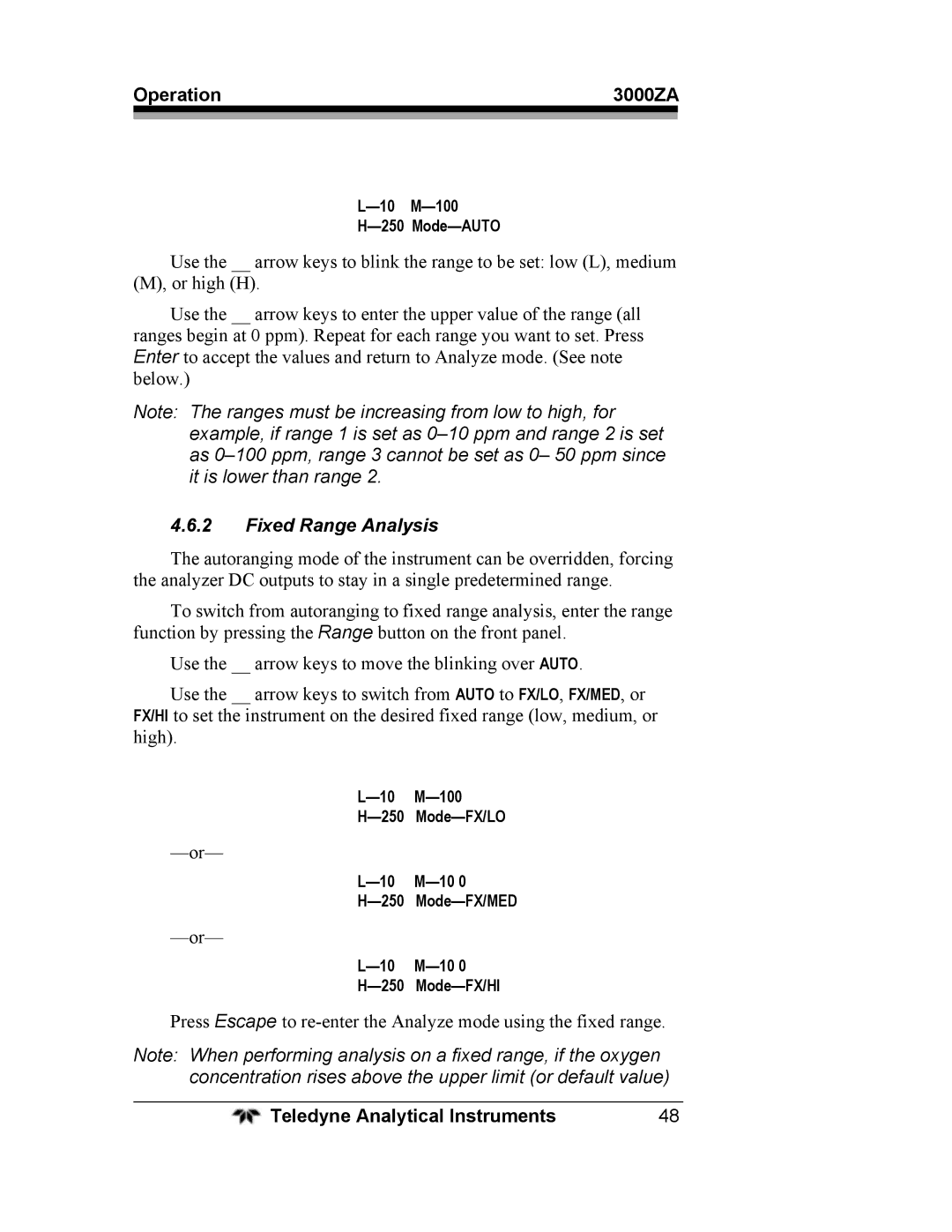 Teledyne 3000ZA operating instructions Fixed Range Analysis 