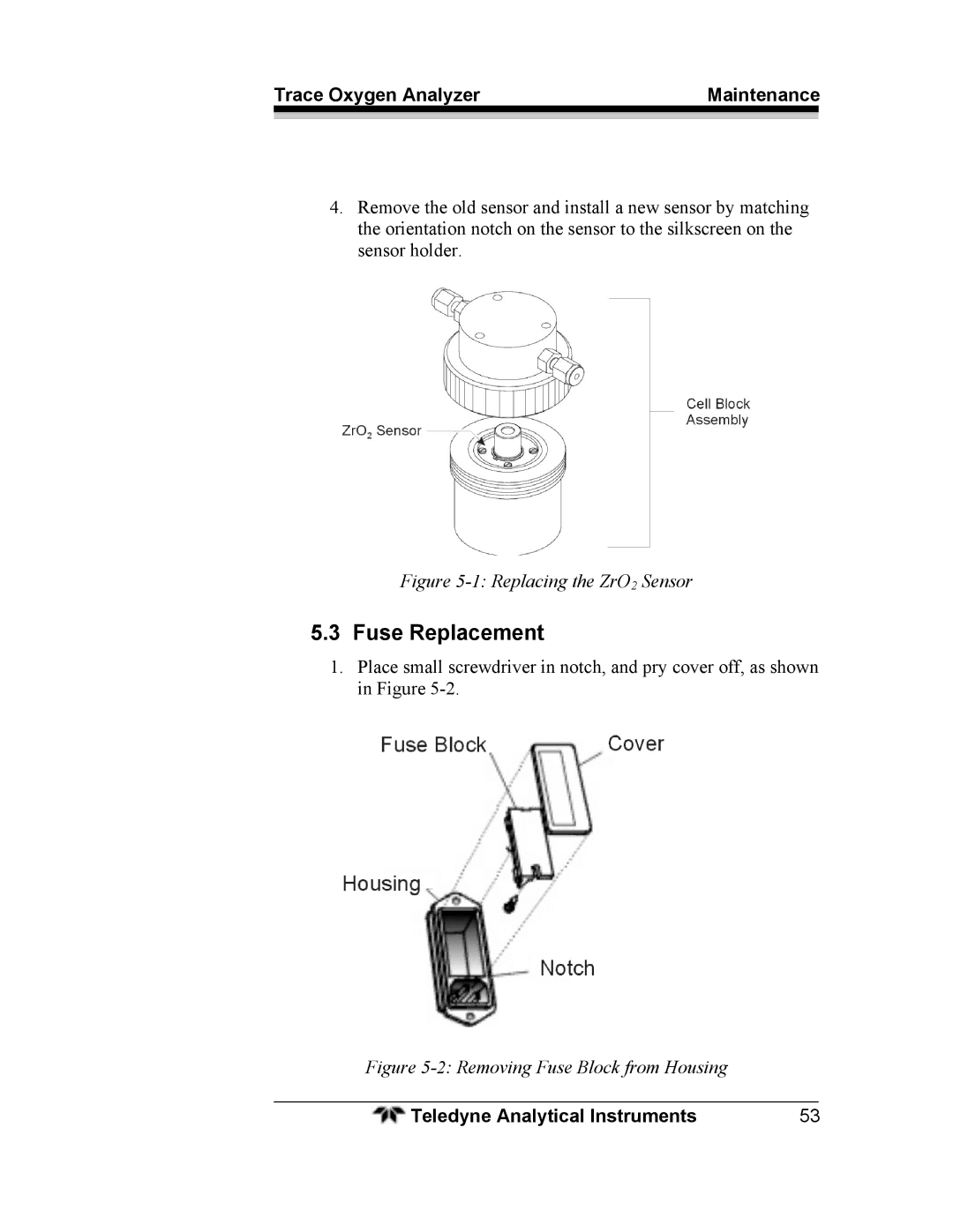 Teledyne 3000ZA operating instructions Fuse Replacement, Trace Oxygen Analyzer Maintenance 