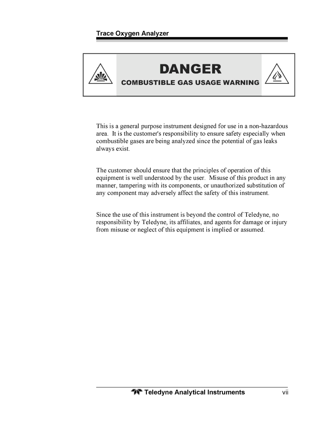 Teledyne 3000ZA operating instructions Vii 