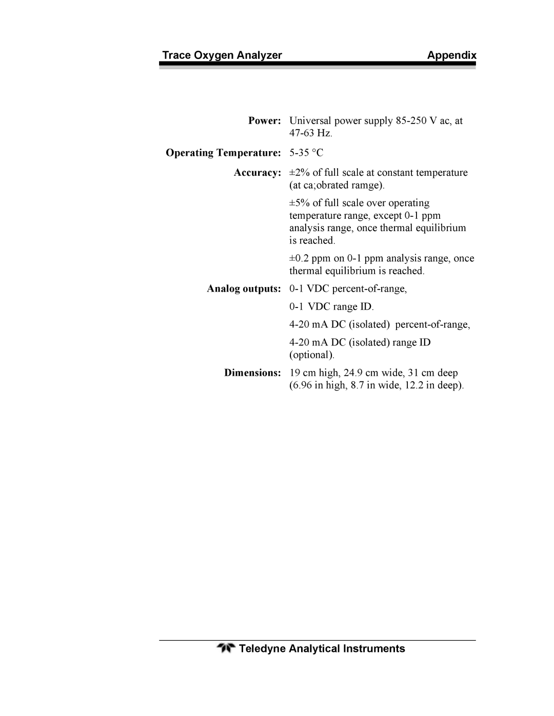 Teledyne 3000ZA operating instructions Trace Oxygen Analyzer Appendix 