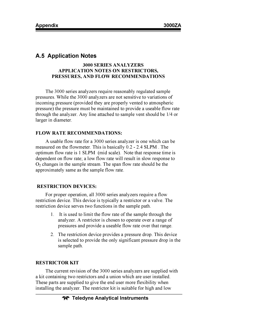 Teledyne 3000ZA operating instructions Application Notes, Flow Rate Recommendations 