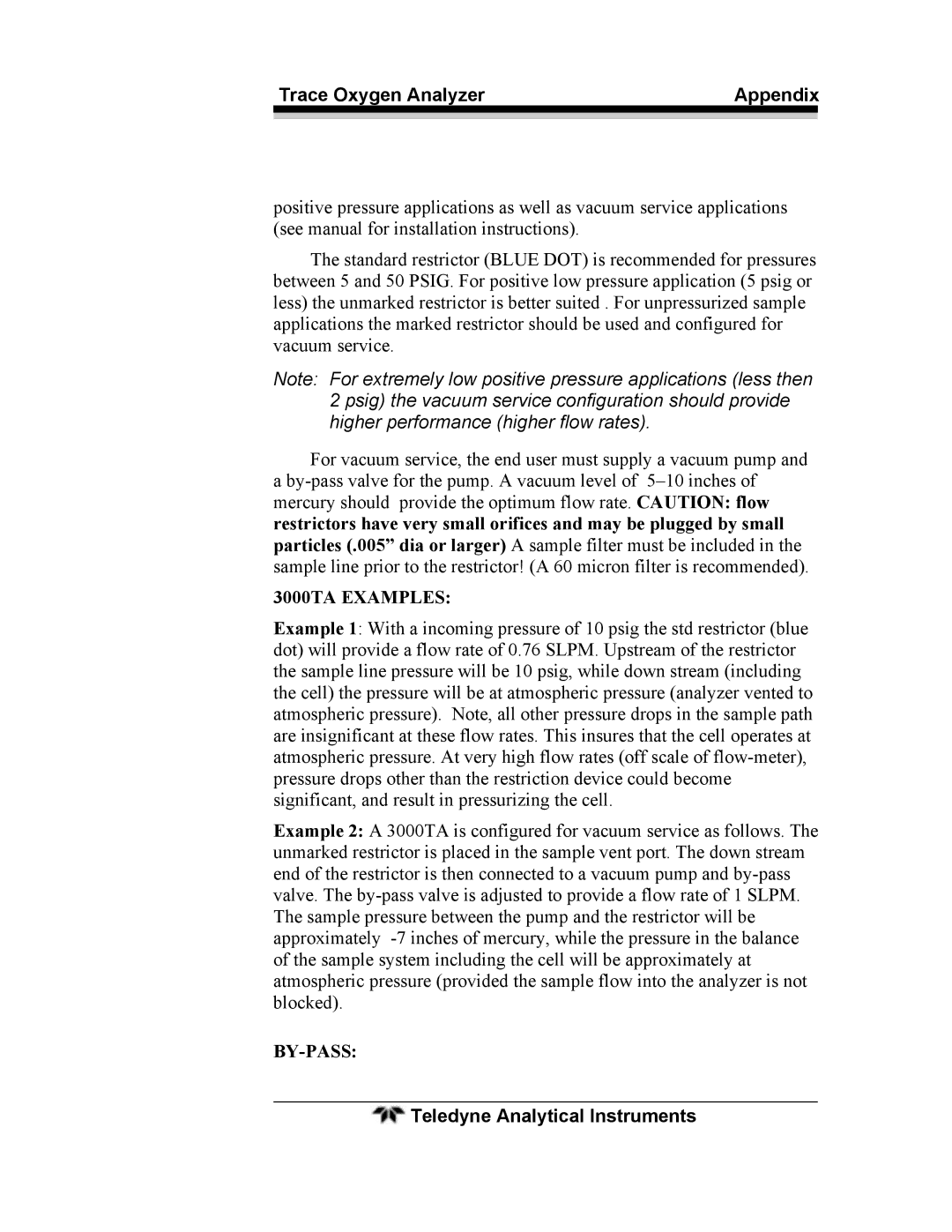 Teledyne 3000ZA operating instructions By-Pass 