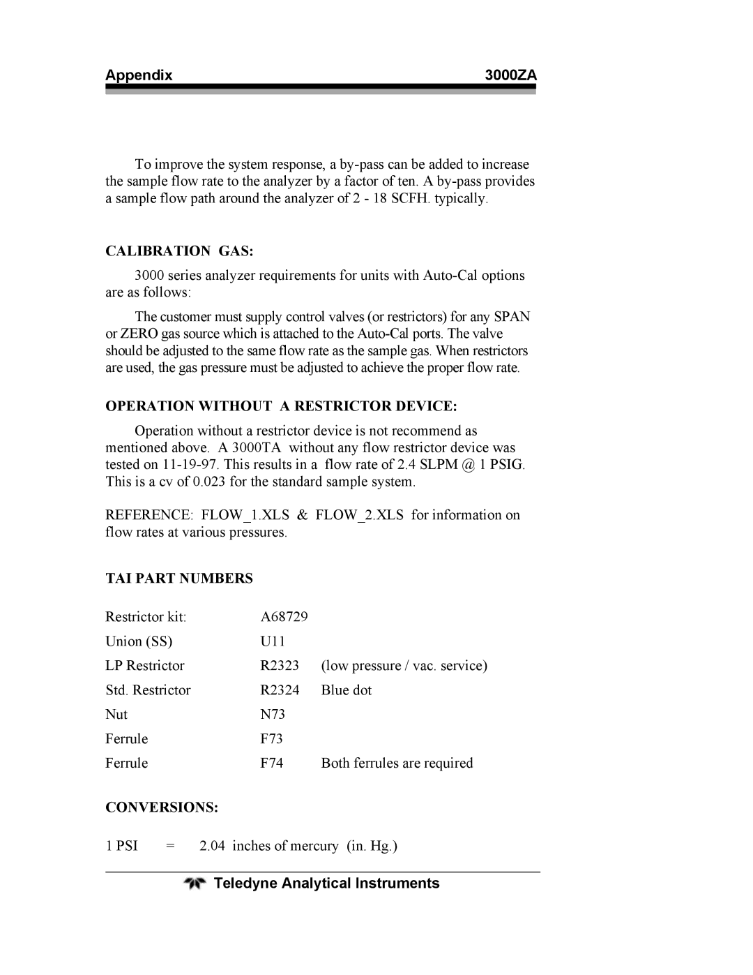 Teledyne 3000ZA operating instructions Conversions PSI 