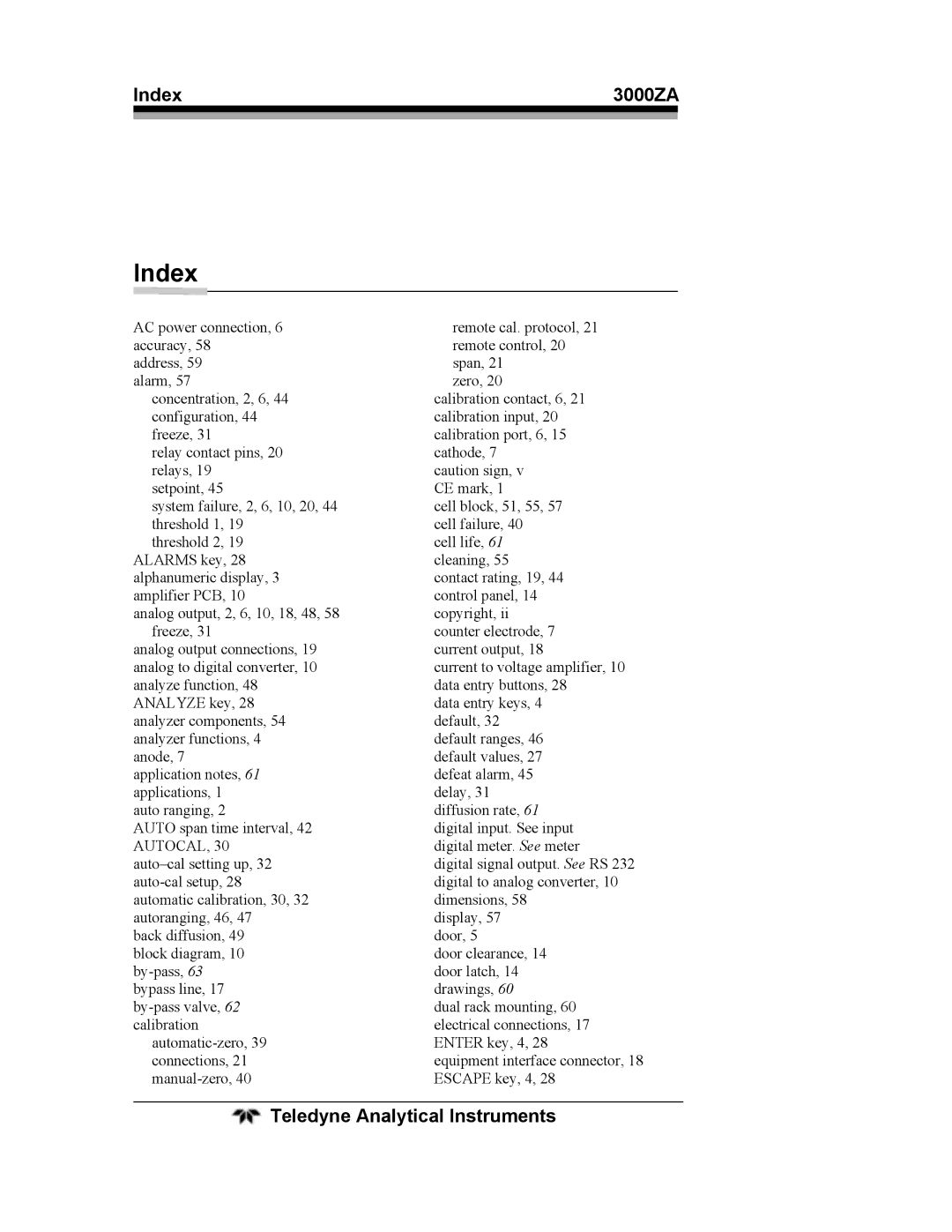 Teledyne 3000ZA operating instructions Index 