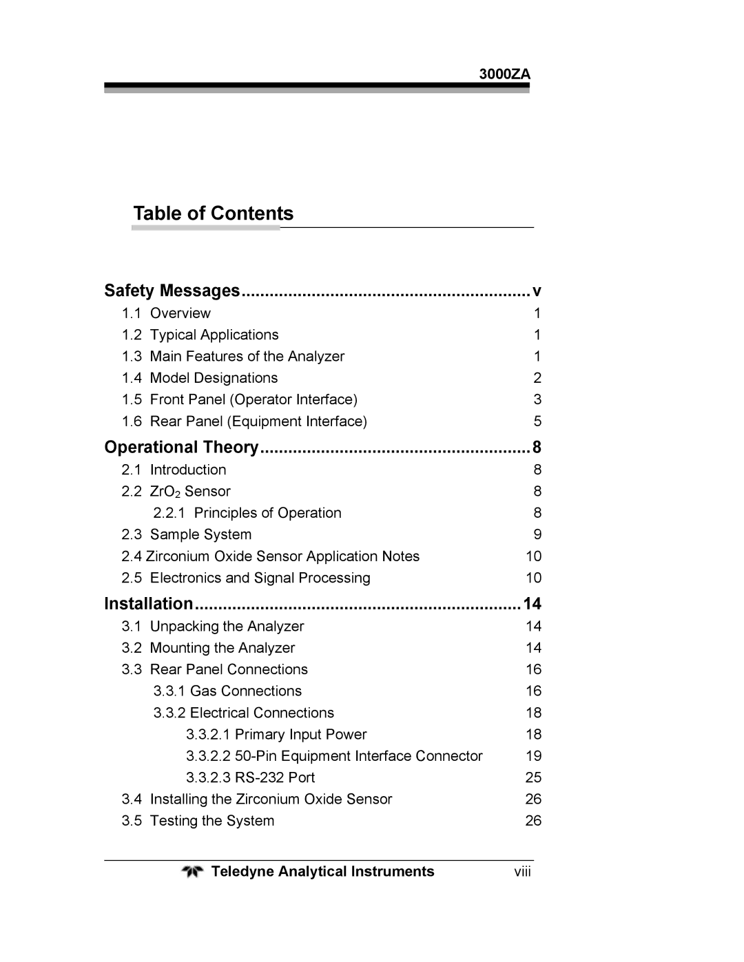 Teledyne 3000ZA operating instructions Table of Contents 