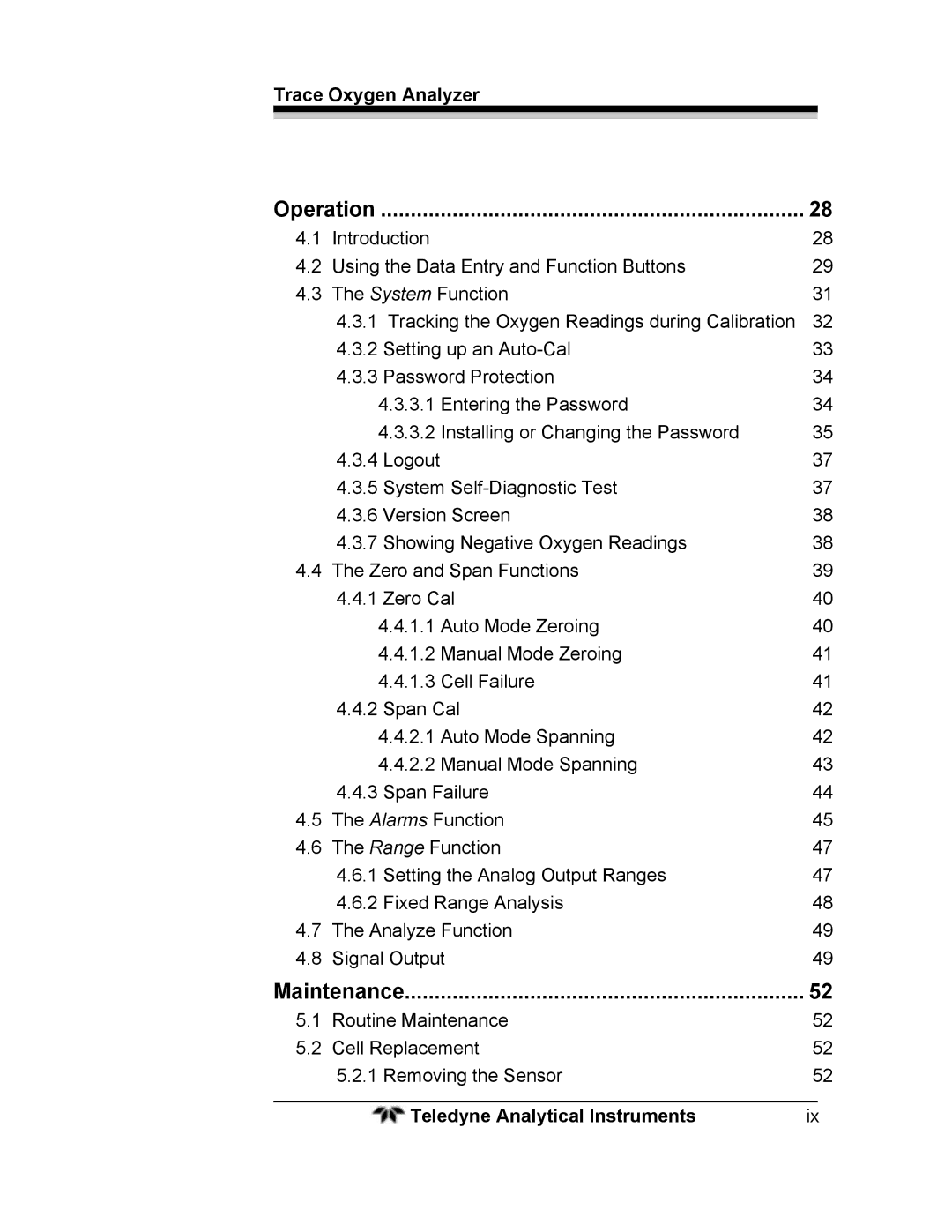 Teledyne 3000ZA operating instructions Operation, Maintenance 