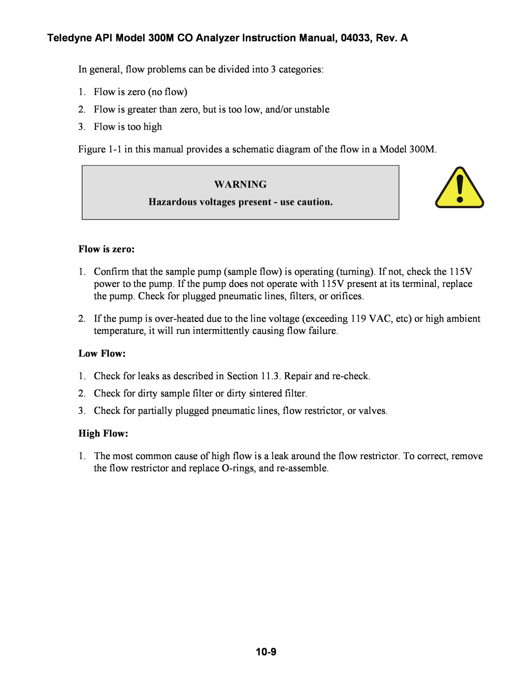 Teledyne 300M instruction manual Hazardous voltages present - use caution, Flow is zero, Low Flow, High Flow, 10-9 