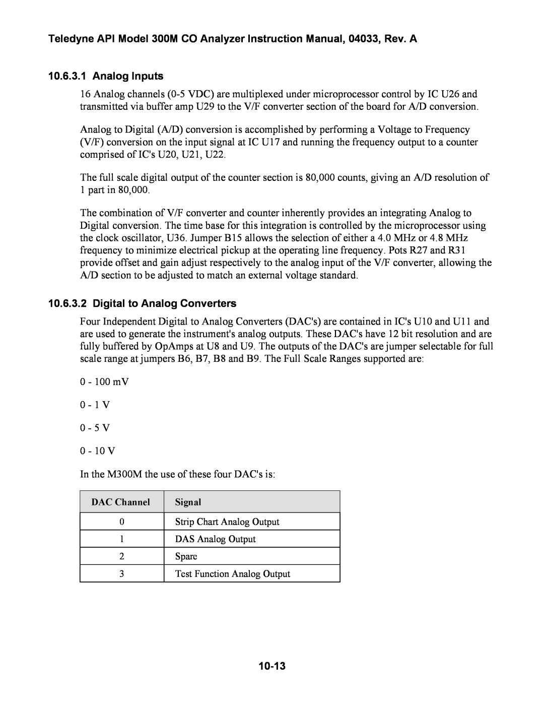 Teledyne 300M instruction manual Analog Inputs, Digital to Analog Converters, 10-13 