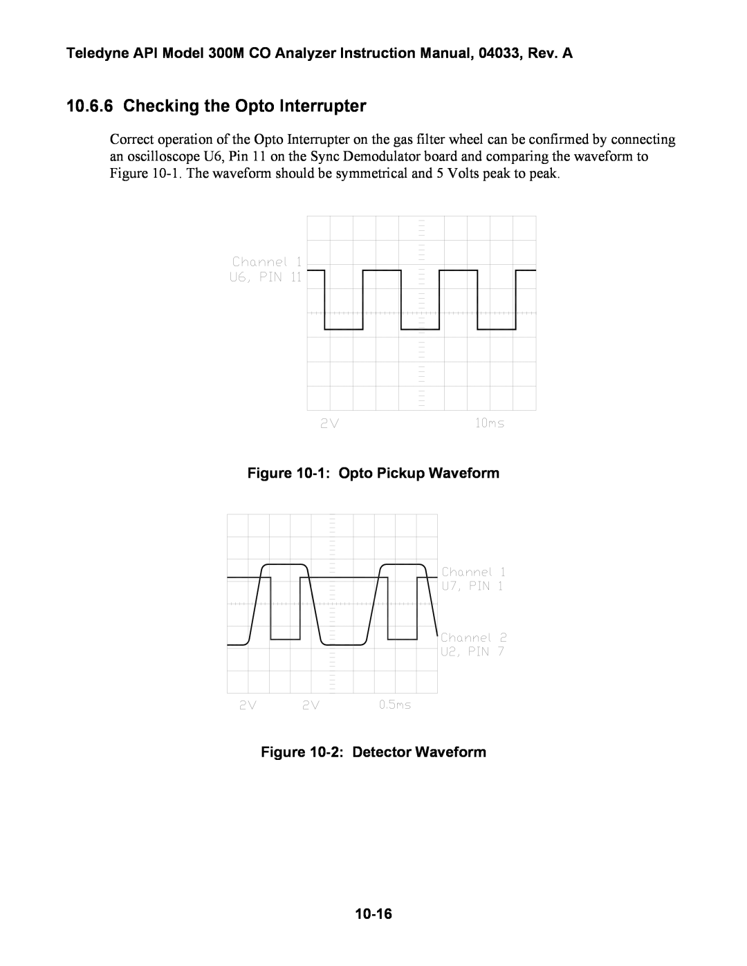 Teledyne 300M instruction manual Checking the Opto Interrupter, 1 Opto Pickup Waveform, 2 Detector Waveform, 10-16 