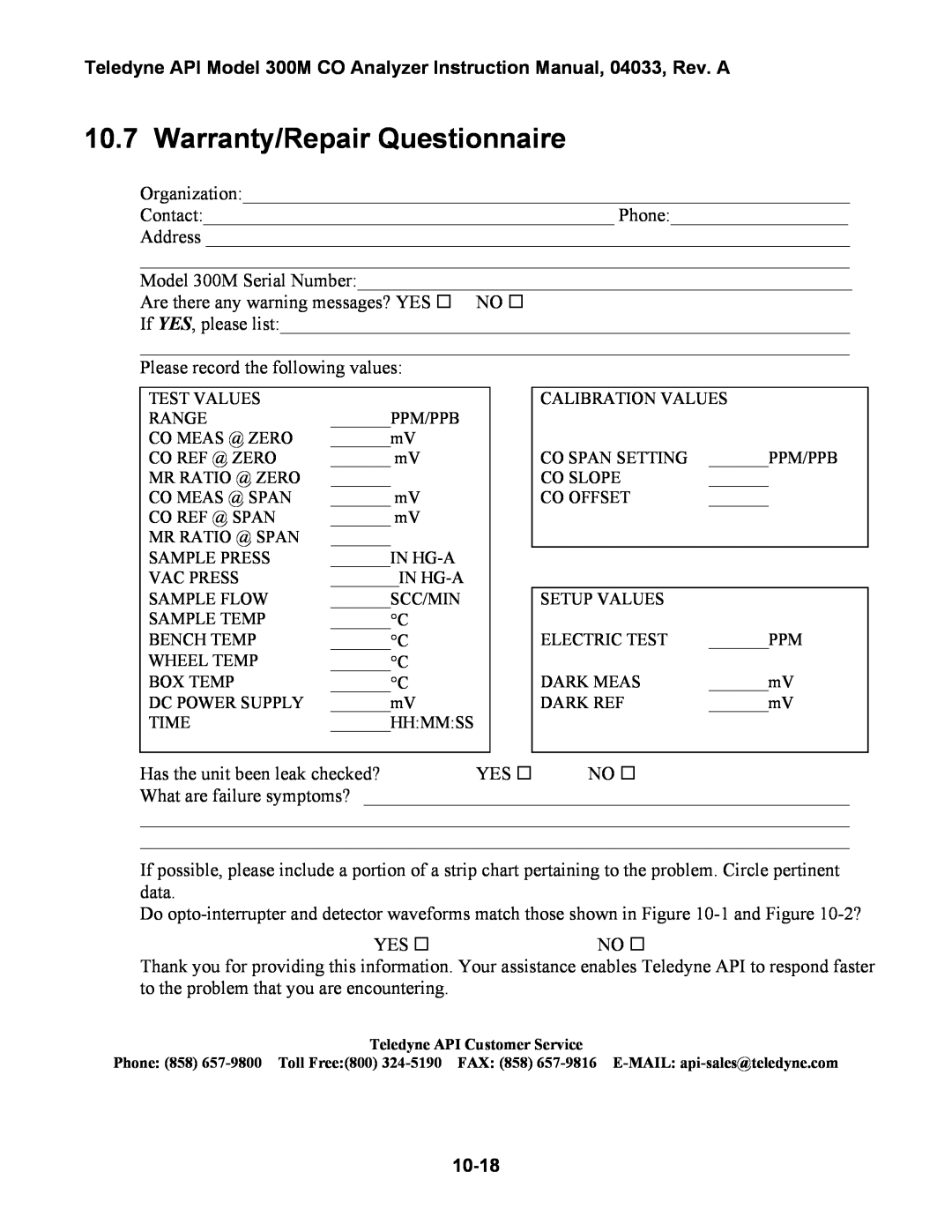 Teledyne 300M instruction manual Warranty/Repair Questionnaire, 10-18 