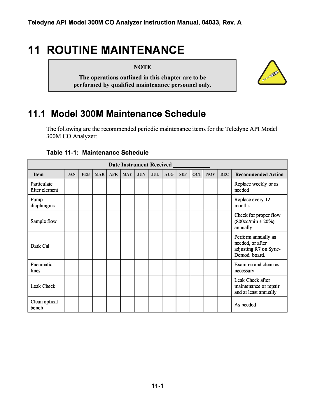 Teledyne Routine Maintenance, Model 300M Maintenance Schedule, 1 Maintenance Schedule, 11-1, Date Instrument Received 
