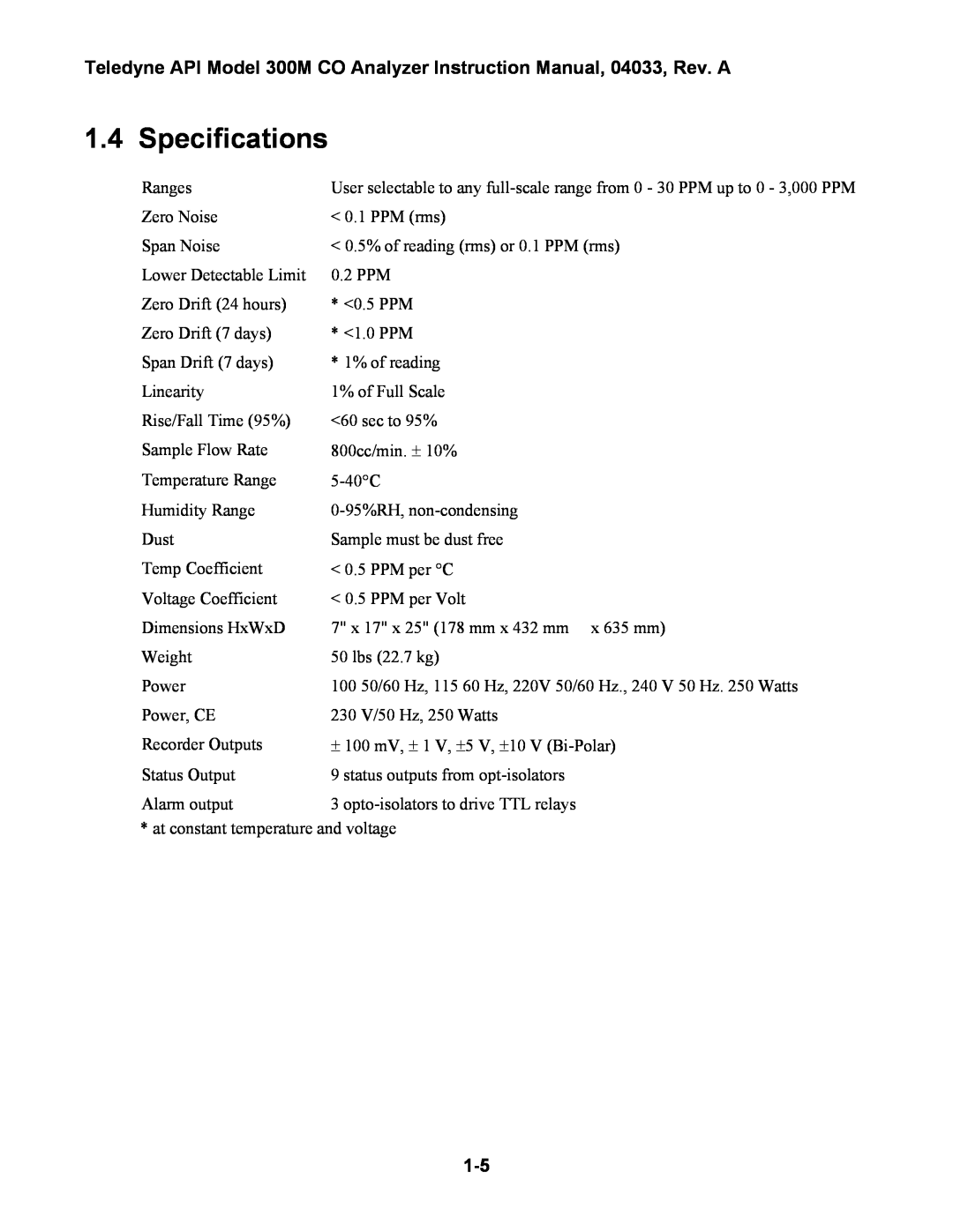 Teledyne 300M instruction manual Specifications 