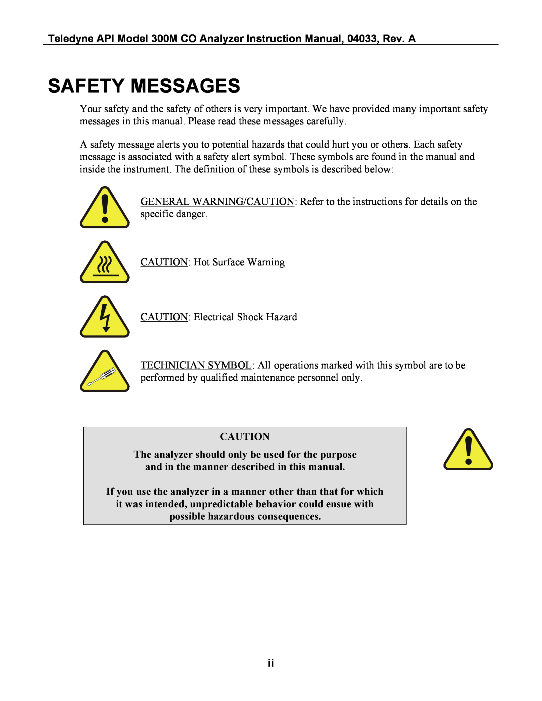 Teledyne 300M instruction manual Safety Messages, The analyzer should only be used for the purpose 