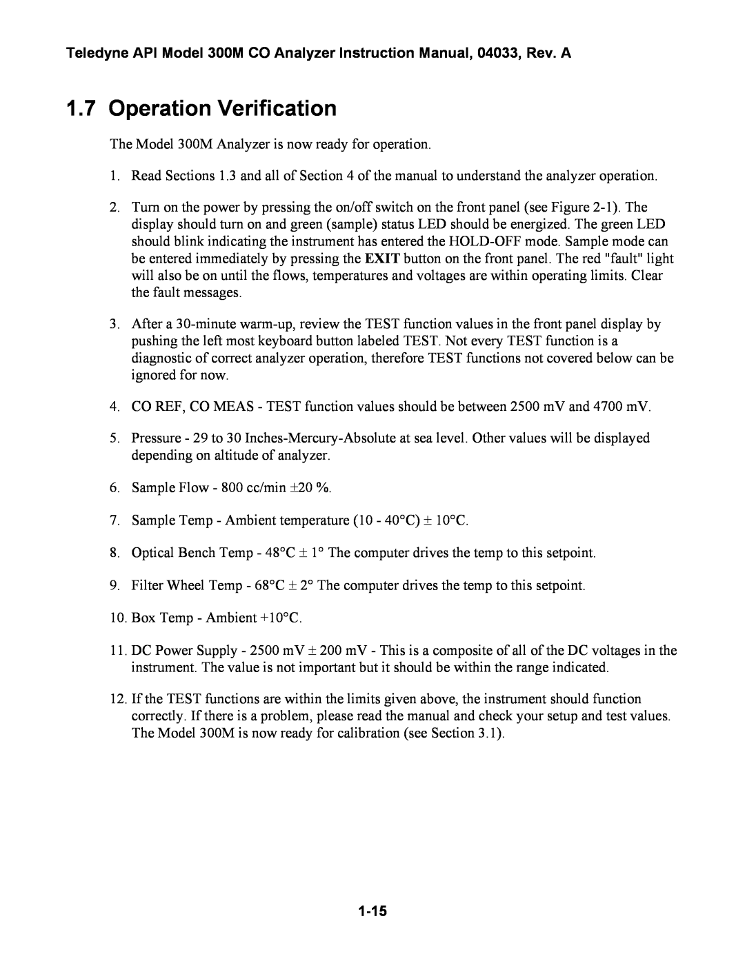 Teledyne 300M instruction manual Operation Verification, 1-15 