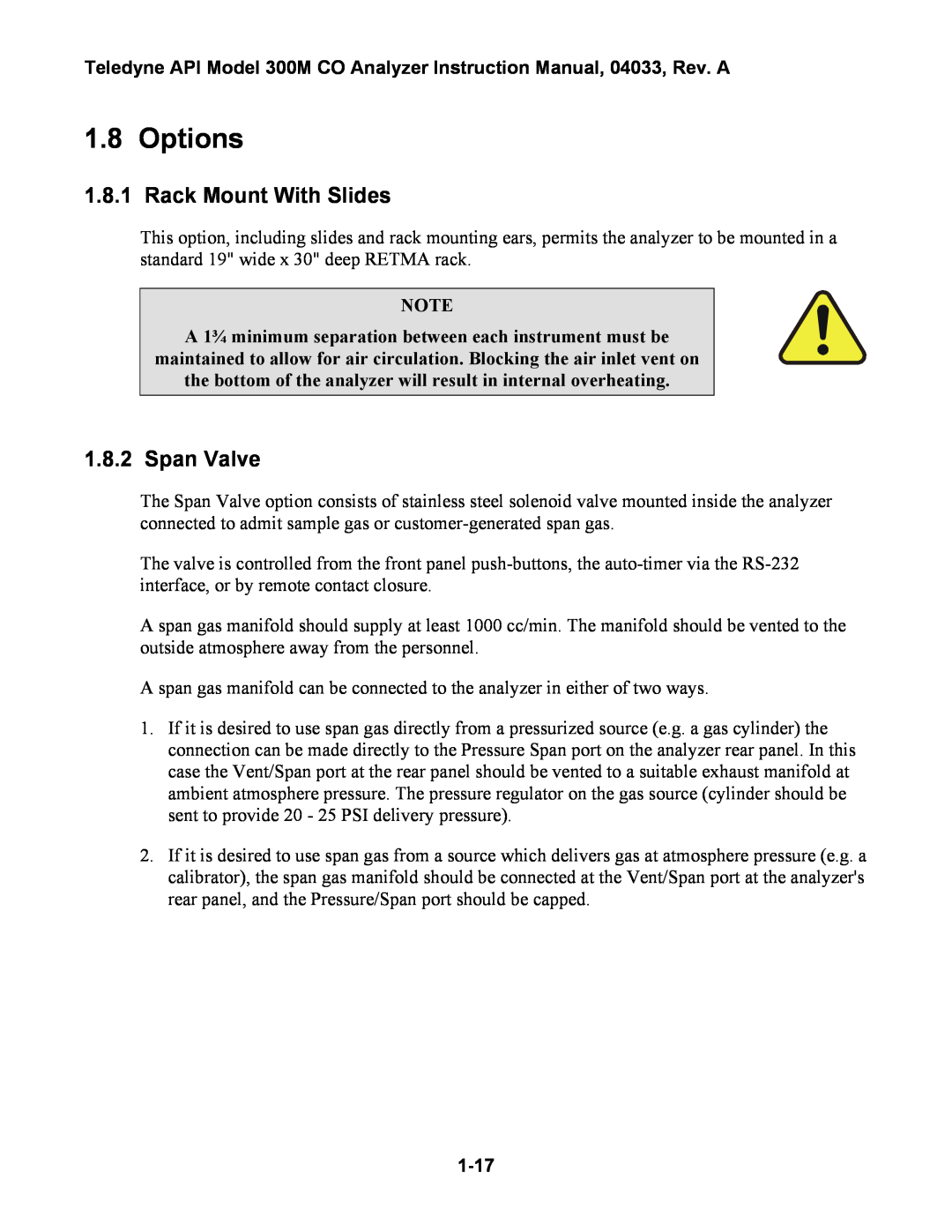 Teledyne 300M instruction manual Options, Rack Mount With Slides, Span Valve, 1-17 