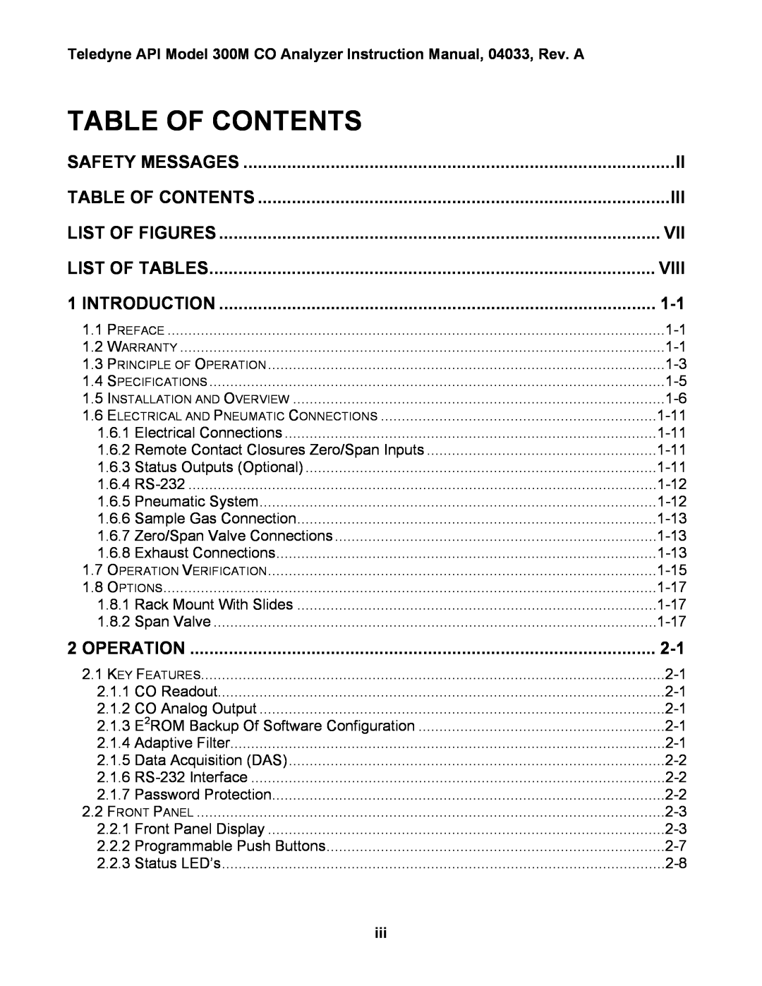 Teledyne 300M instruction manual Table Of Contents, List Of Figures, List Of Tables, Viii, Introduction, Operation 