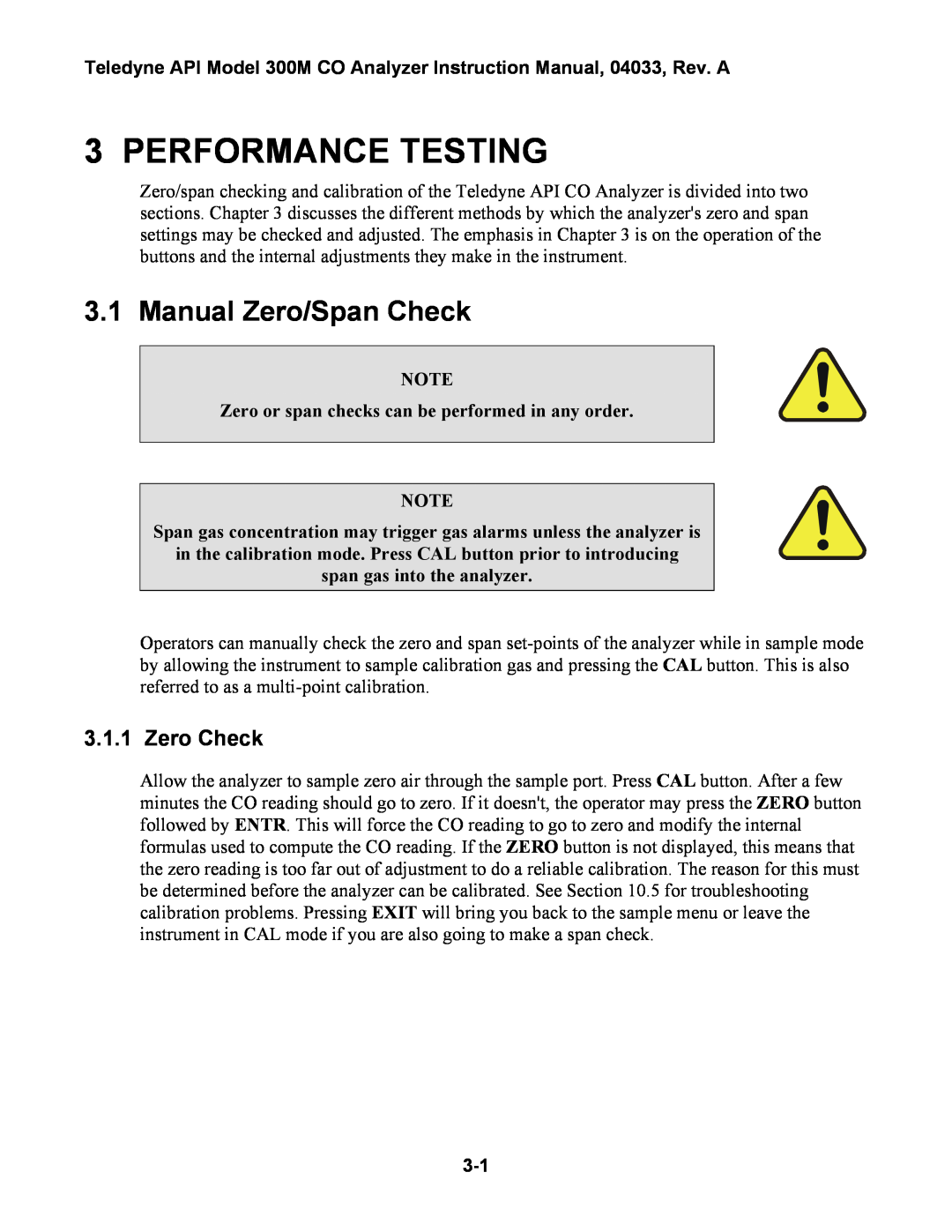 Teledyne 300M instruction manual Performance Testing, Manual Zero/Span Check, Zero Check, span gas into the analyzer 