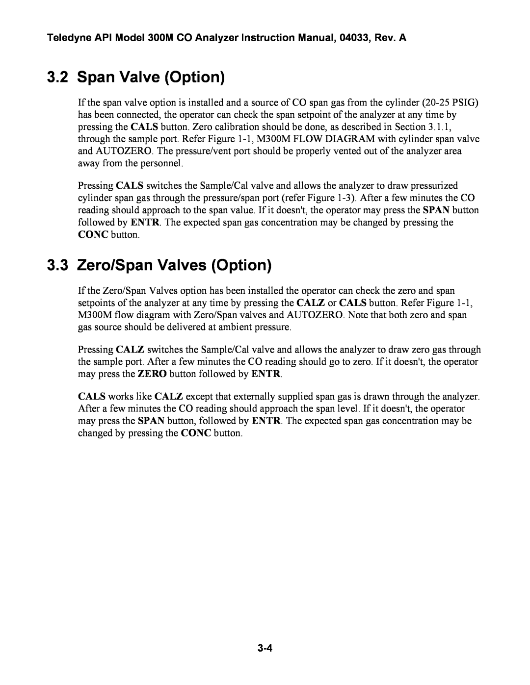 Teledyne 300M instruction manual Span Valve Option, Zero/Span Valves Option 