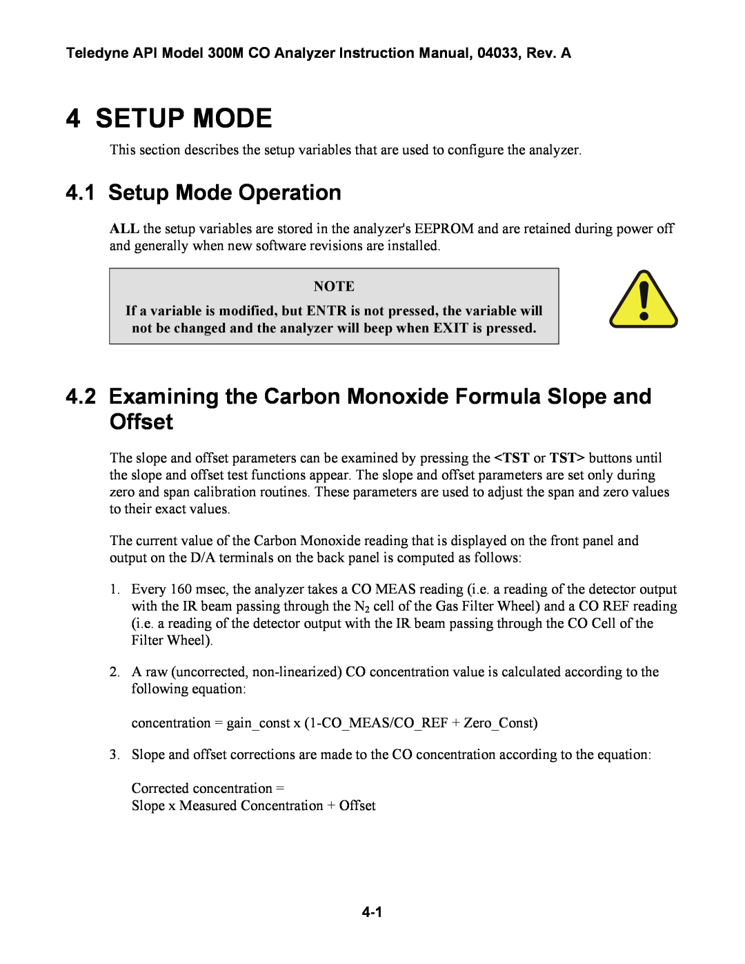 Teledyne 300M instruction manual Setup Mode Operation 