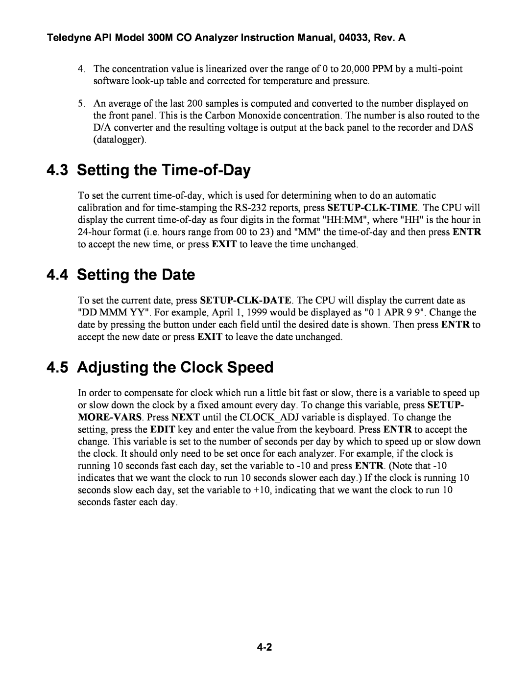Teledyne 300M instruction manual 4.3Setting the Time-of-Day, Setting the Date, Adjusting the Clock Speed 