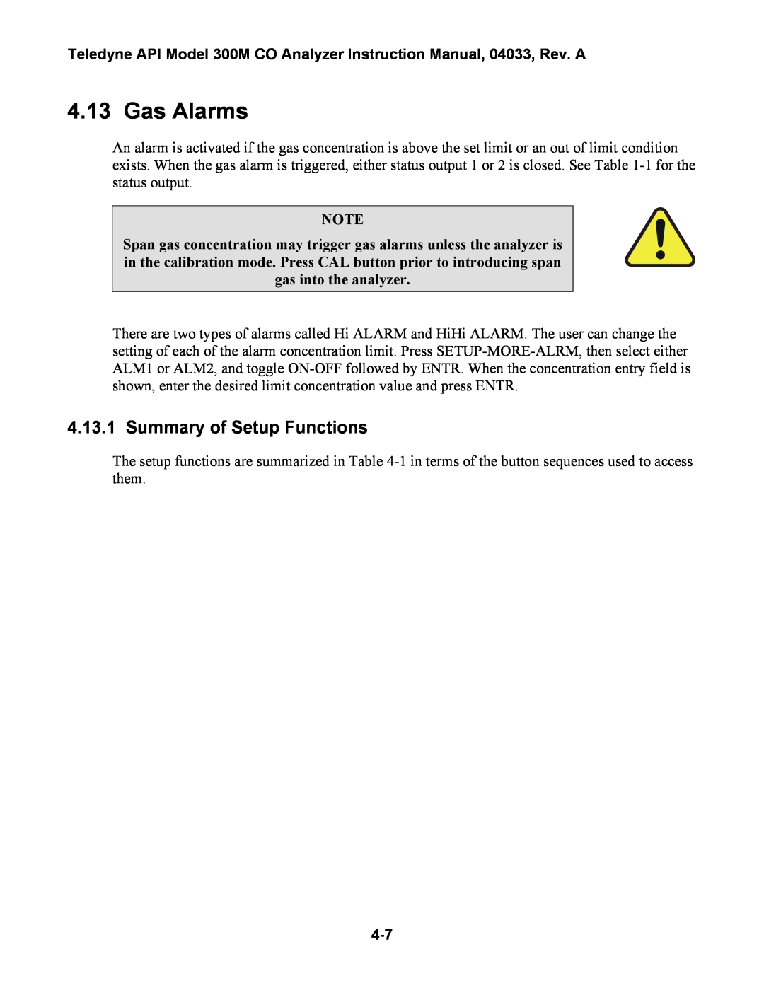 Teledyne 300M instruction manual Gas Alarms, Summary of Setup Functions 