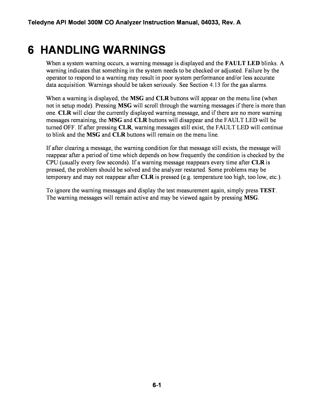 Teledyne 300M instruction manual Handling Warnings 